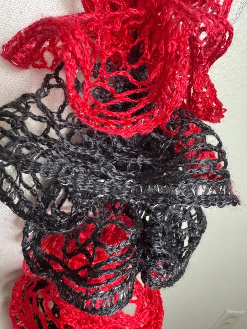 NEW Boho Festival  Chic Ruffle Scarf Red Black Crochet Knit Statement Wrap
